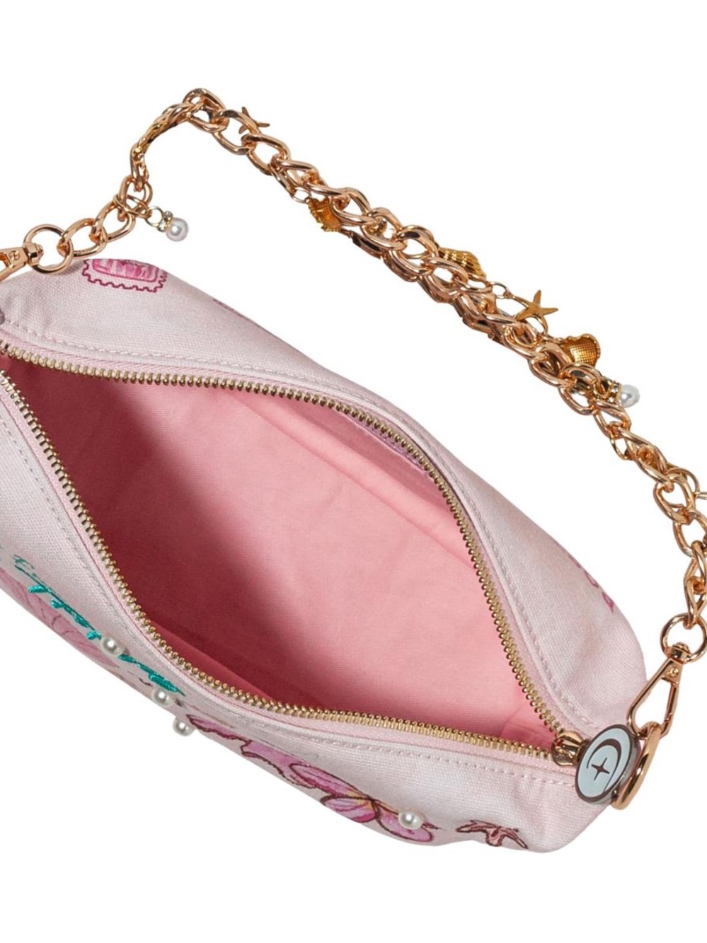 Tropical Pink Embroidered Shoulder Bag with Gold Charm Strap - Picture 3 of 6